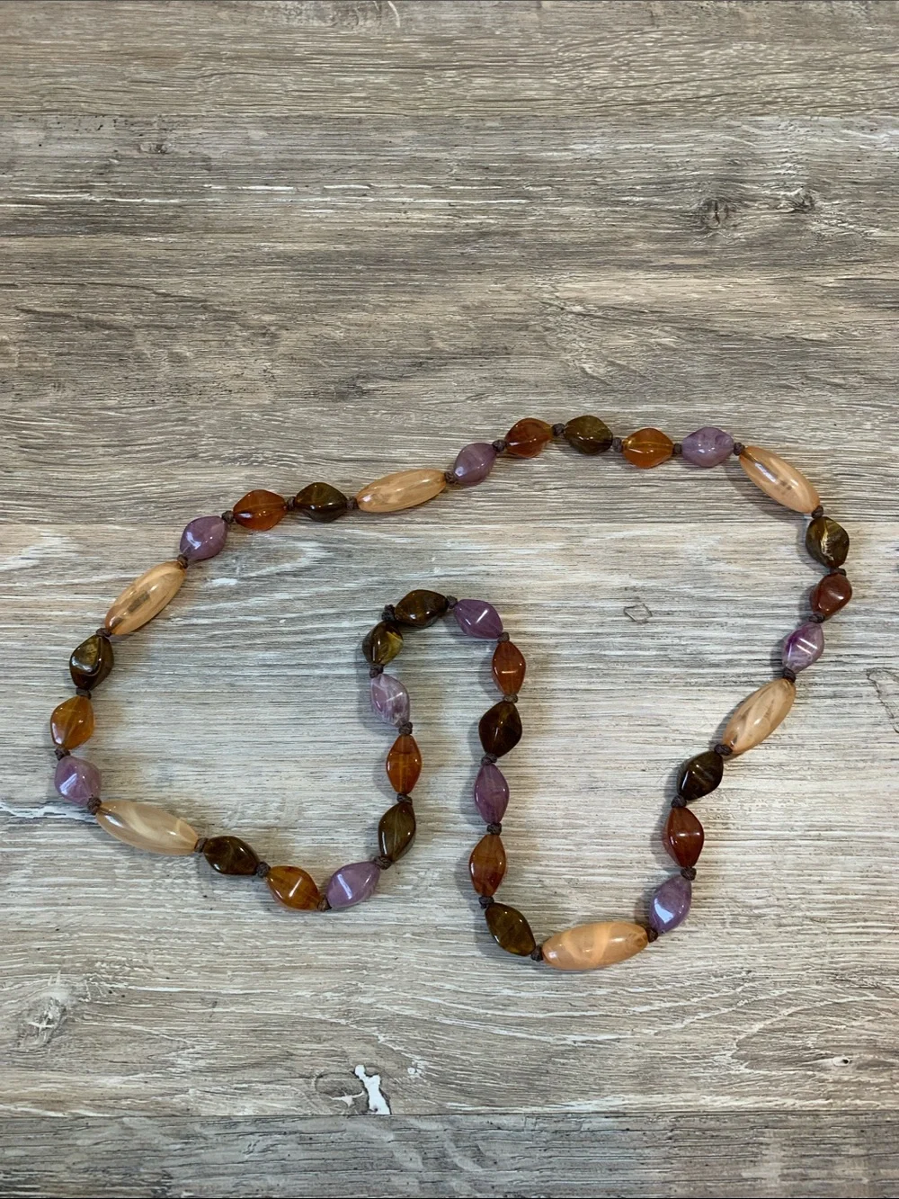 Beaded Long Necklace in Peach, Purple & Brown